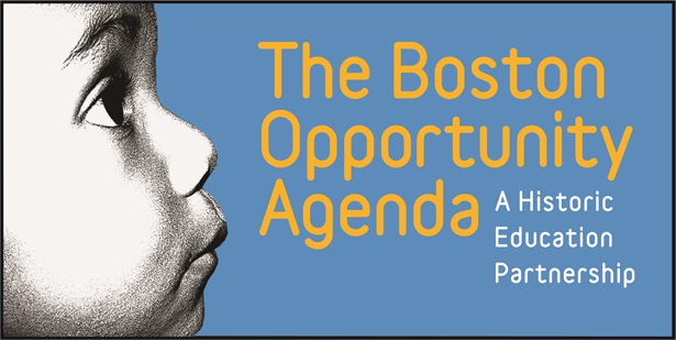The Boston Opportunity Agenda logo. Over a sky-blue background: On the left, a black and white photo of the side of a child's face, who is looking up. To the right of that is large yellow text that says "The Boston Opportunity Agenda". To the lower right of that is smaller white text that says "A Historic Education Partnership".