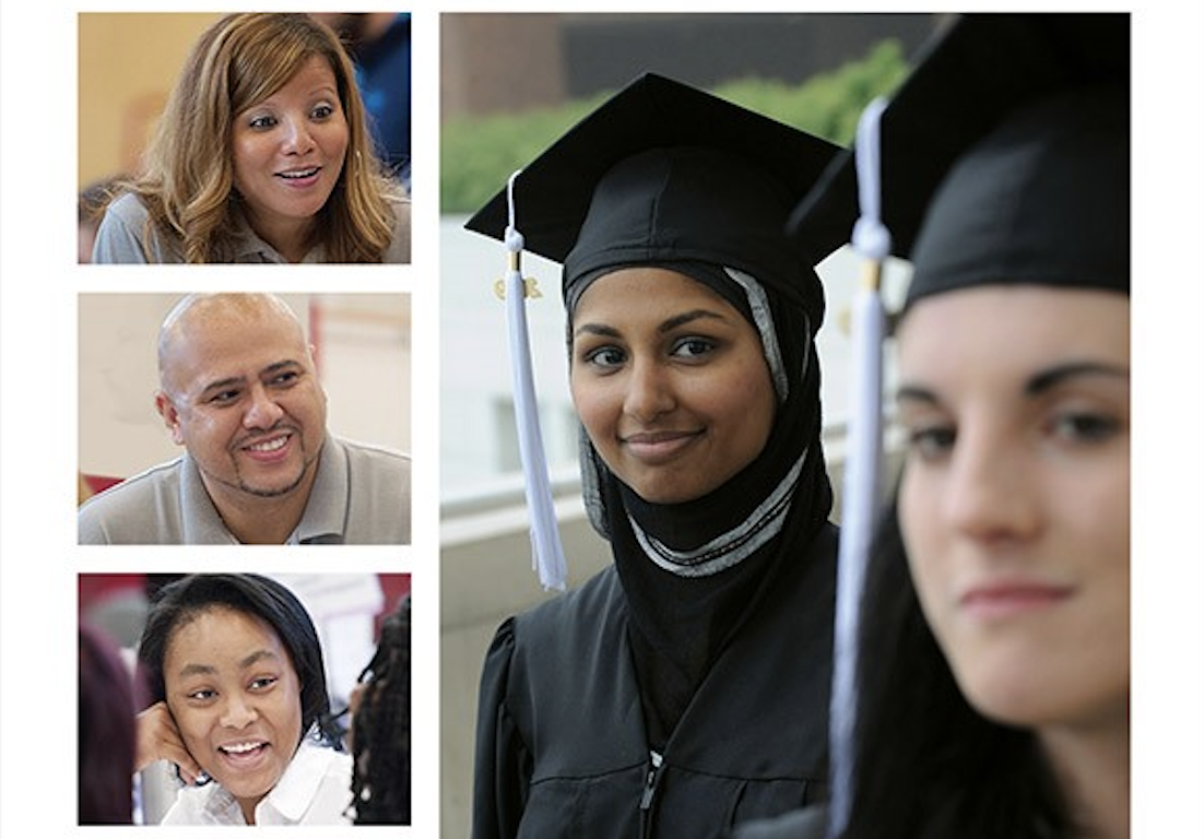 On the right, two students wearing caps and gowns. On the left, three different images of adults who are smiling.