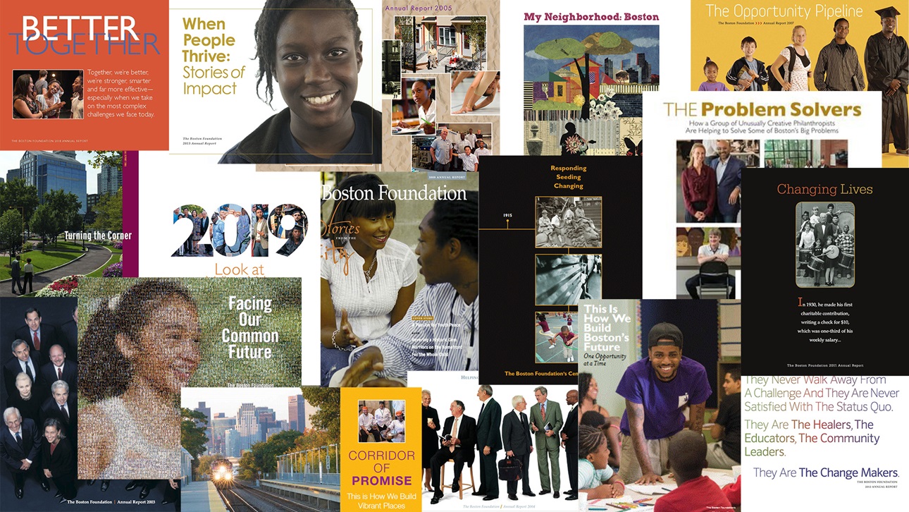 A collage of TBF annual report covers
