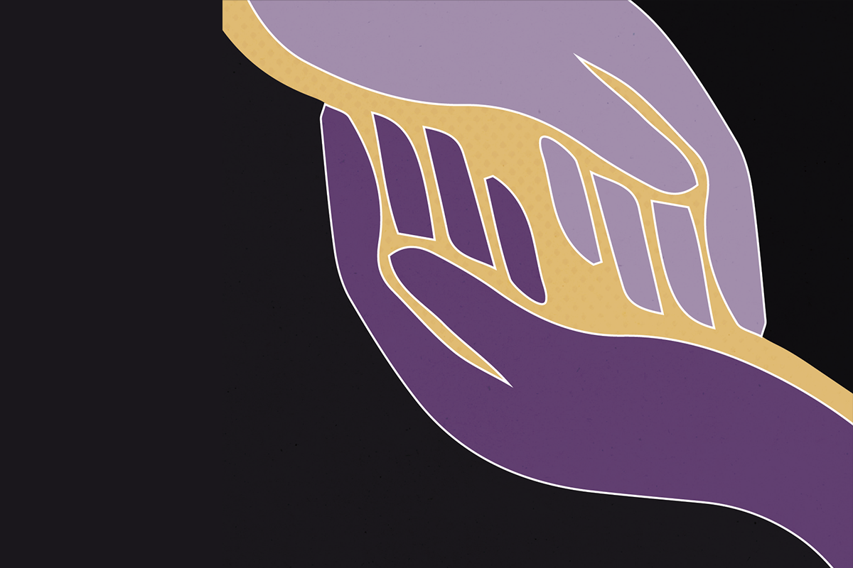 A graphic design from the report "Care Work in Massachusetts." Two illustrated purple hands are reaching out to touch each other.