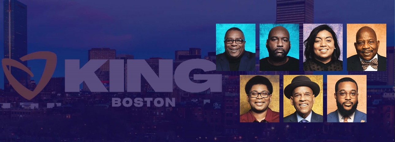 A photo of the Boston skyline is the background and layered over the photo are headshot images of men and women and the King Boston logo.