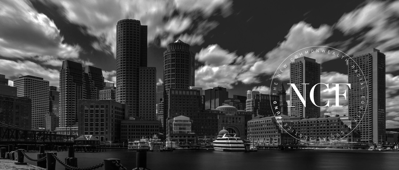 A black and white photo overlooking the water and Boston downtown buildings. The NCF logo is shown over the photo