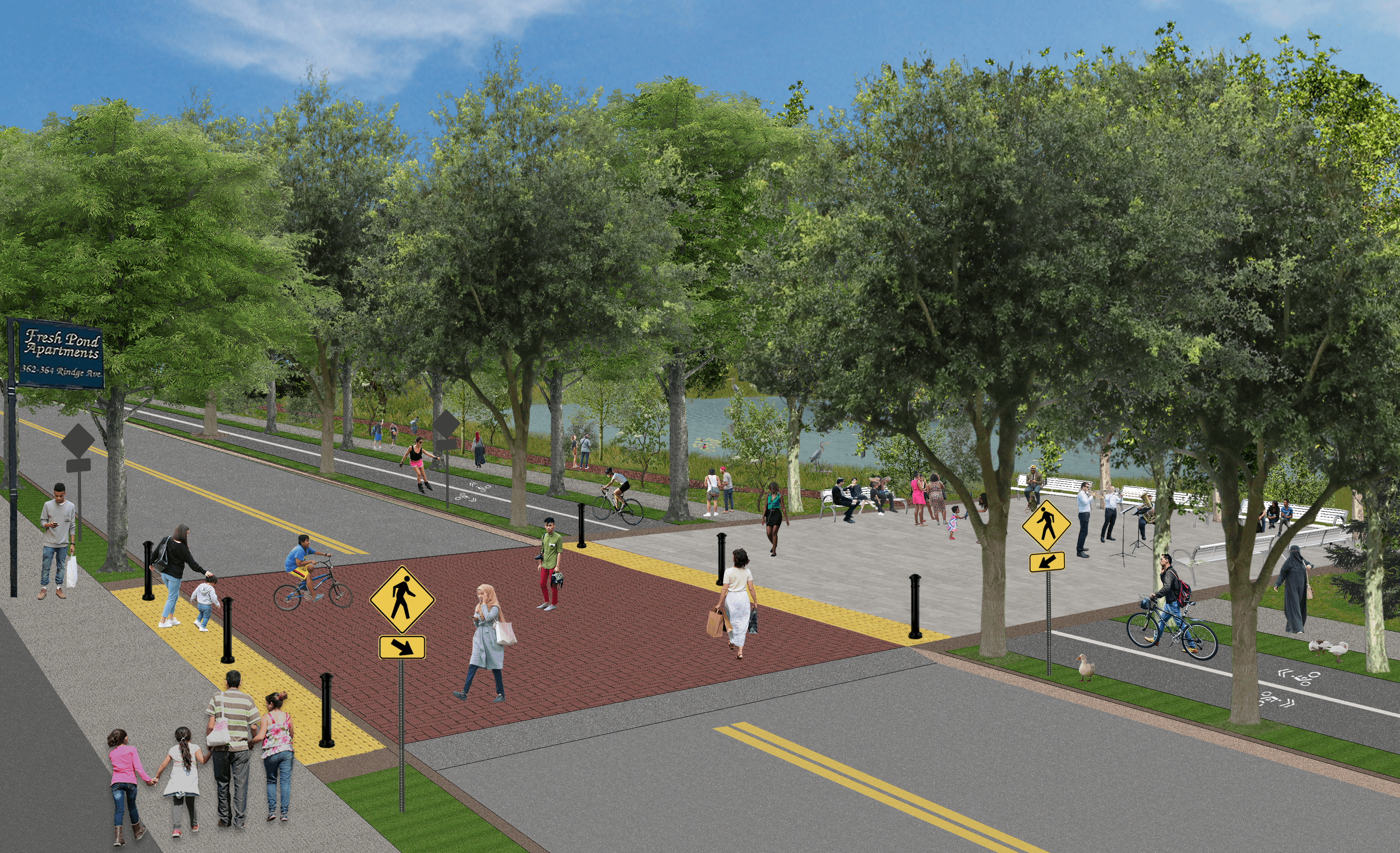 Architectural drawing showing broad crosswalk, many trees, pond in background