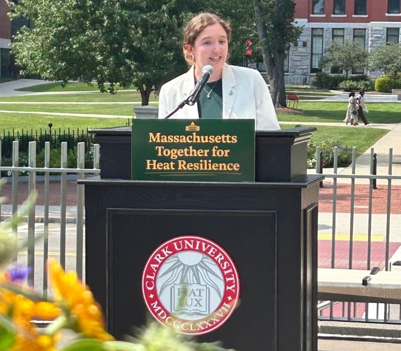 At an event at Clark University, Katie addresses the group gathered for the announcement that she is joining the Healey admin as the state's first heat resilience officer.