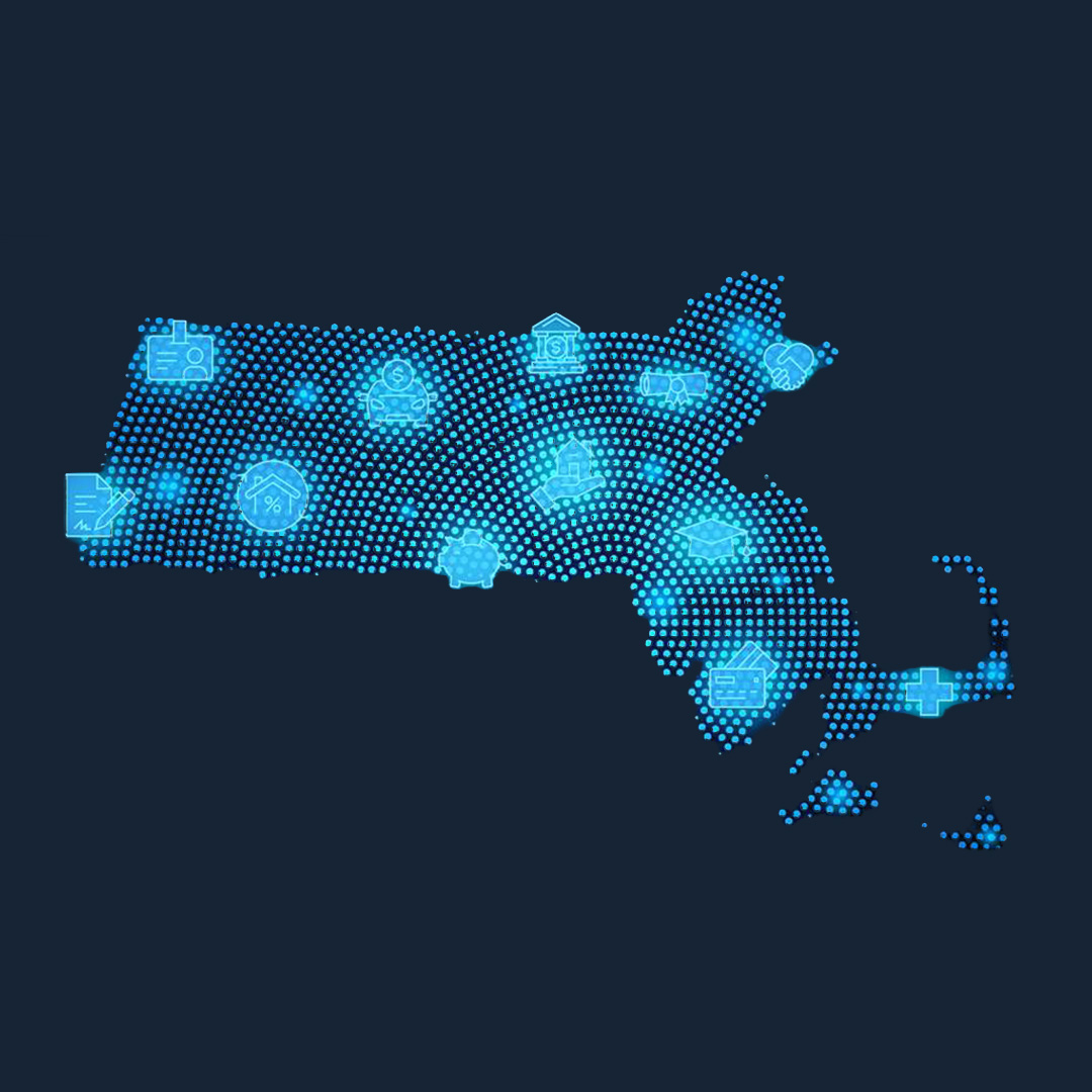 A map of MA from the cover of ' Family Wealth in Massachusetts: Findings from the 2025 Massachusetts Economic Conditions and Household Opportunity Survey (Mass ECHOS).'