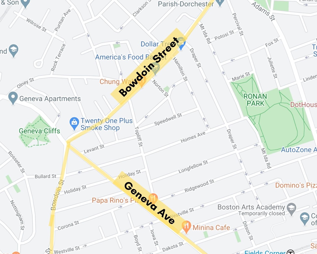 Bowdoin St and Geneva Ave on a map