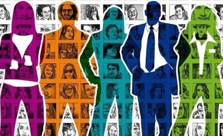 A collage of many small black and white photos is the background and layered over are colorful silhouettes of men and women.