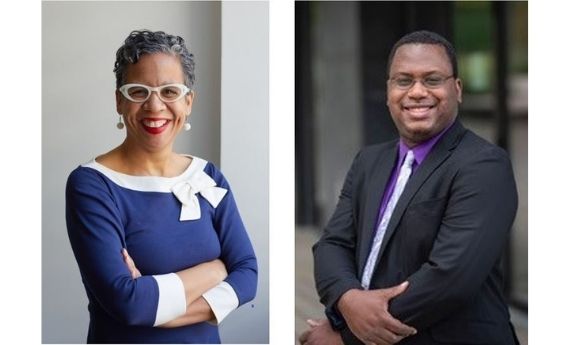 A photo of Amanda Cage; she's standing with her arms crossed, smiling, wearing a blue and white shirt and white framed glasses. A photo of Andre Green: he's standing, hands folded at his waist. He's wearing a black blazer and a purple shirt, thin black framed glasses, smiling. 