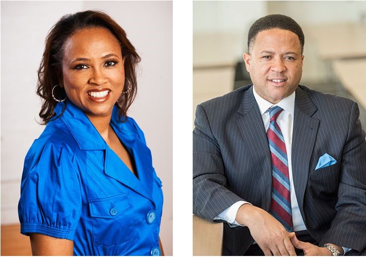 Two photos, from left to right; Cheryl Dorsey smiling, wearing a silk, blue, short-sleeved shirt. Orlando Watkins smiling, sitting, one arm resting on a table next to him, wearing a gray suit and a blue and red tie.