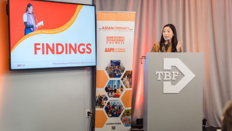 Danielle Kim gives remarks onstage at the Making Waves report release event in June 2025