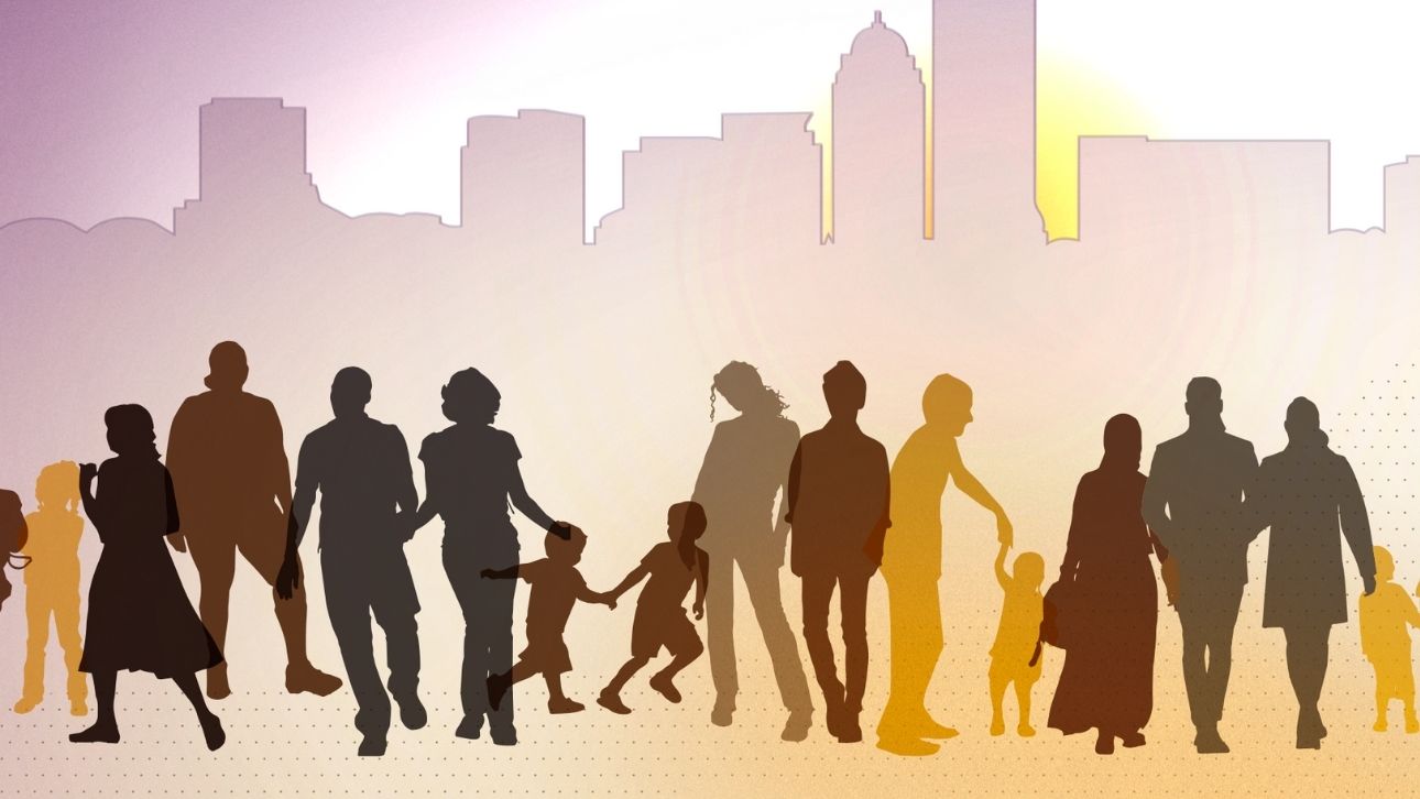 Multiracial in Greater Boston report cover. The Boston skyline in the background with black, brown, yellow and gray silhouettes of people in front of it. The report title is below that.