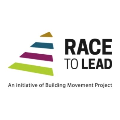 The Race to Lead logo; gold, teal, magenta, and lime green horizontal stripes from a triangle. To the right of that is black, stacked text that reads "Race to Lead." Black text below that reads "An initiative of Building Movement Project."