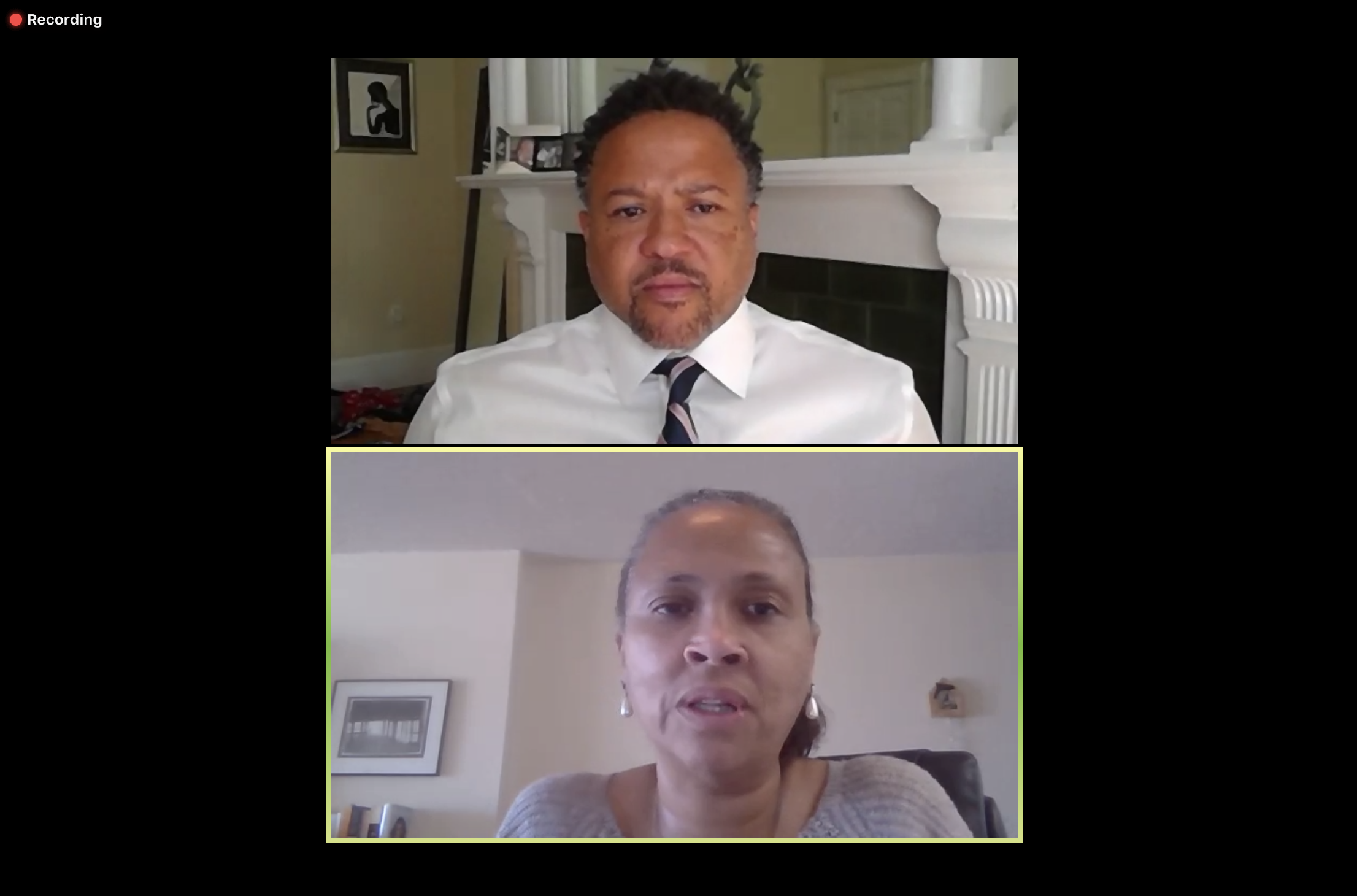 A Zoom screenshot of Orlando Watkins (top) and Cheryl Dorsey (bottom).