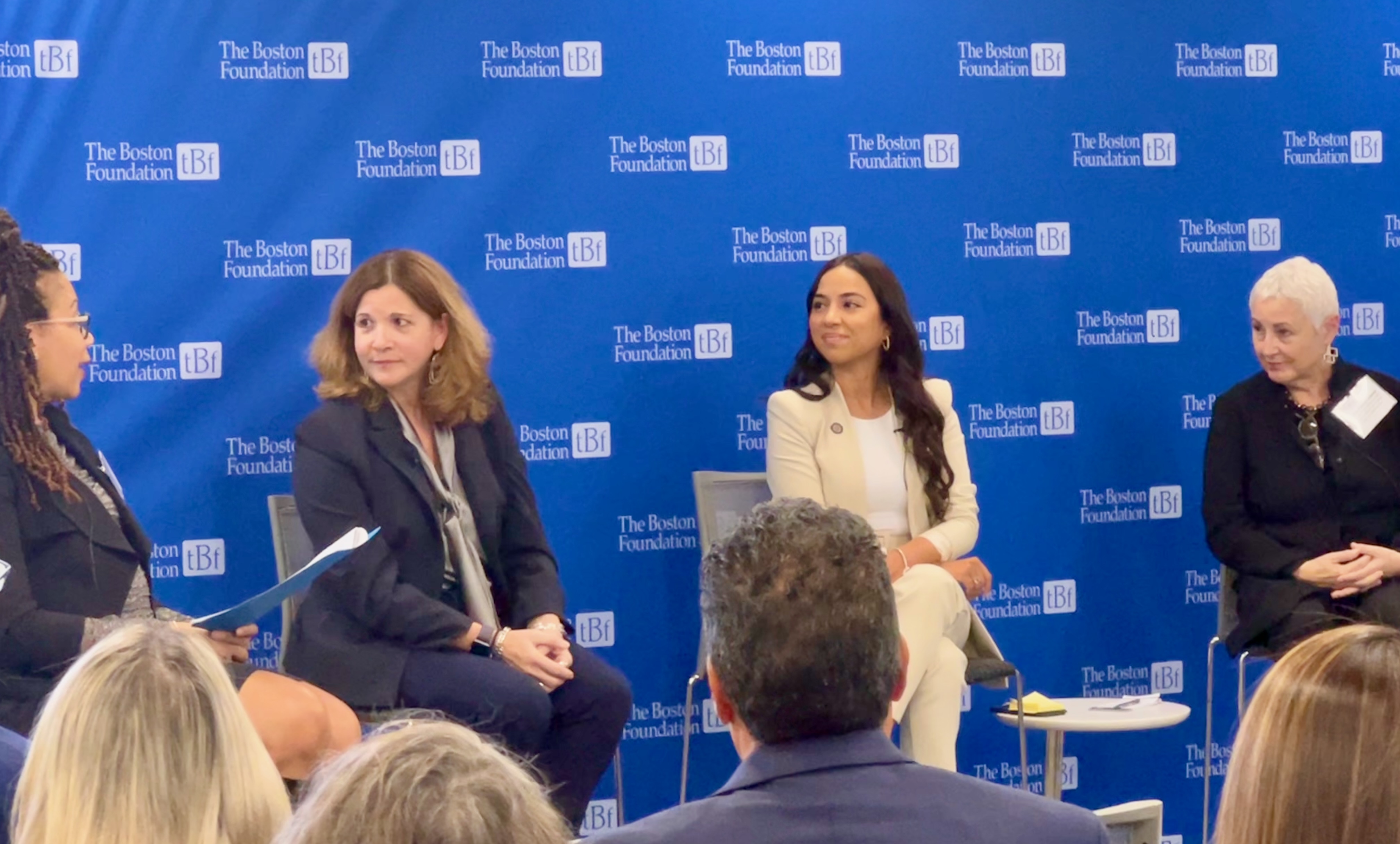 (Left-to-right) Philanthropic consultant Mary Skelton Roberts moderates a panel discussion with Massachusetts Labor and Workforce Development Secretary Rosalin Acosta, Chelsea City Councilor Judith Garcia and author Diana Campoamor during the Portrait of Latinos in Massachusetts event on October 20.