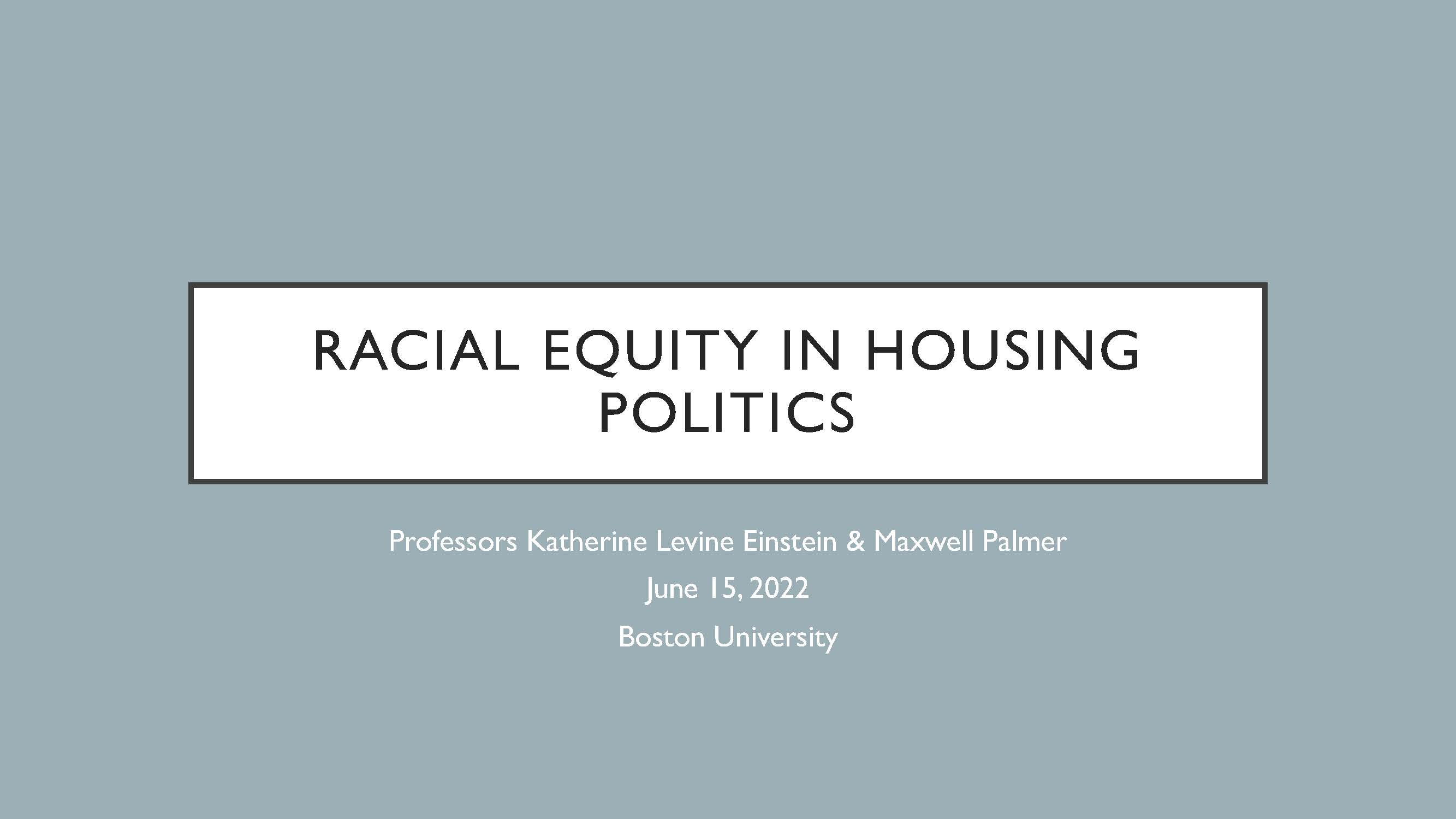 A title slide for Representation in Housing report release event