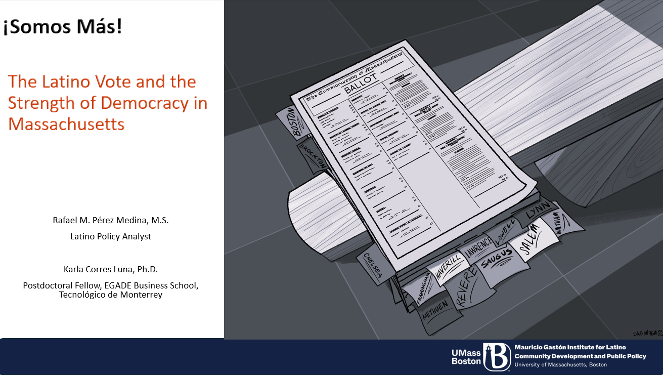 Presentation cover slide, titled "The Latino Vote and the Strength of Democracy in Massachusetts"