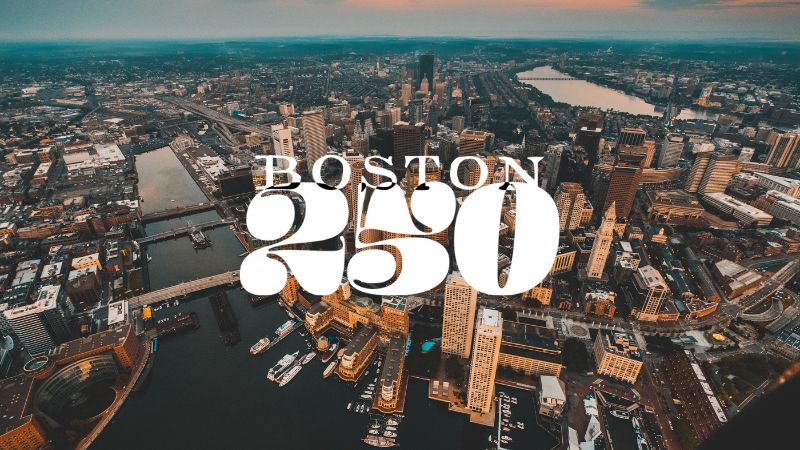 Boston 250 logo on an aerial photo of the Boston Harbor