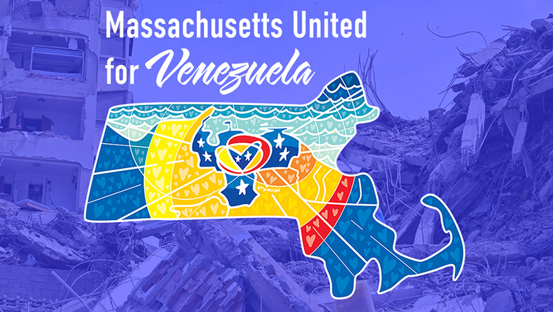 Mass United for Venezuela on blue over quake background