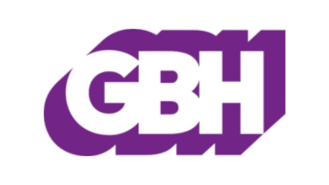 GBH logo; white text that says "GBH" with purple shadows around it.