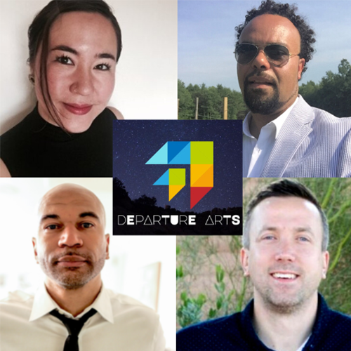Headshot photos of four people. In the center is the logo for Departure Arts