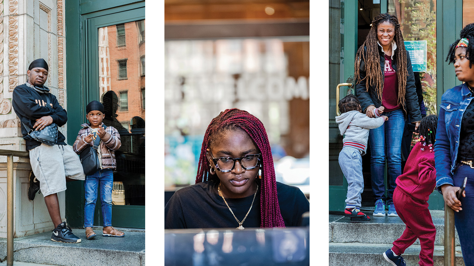 Three photos in a collage all show people attending and participating in BRICC's family computer day