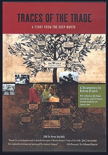 The DVD cover of "Traces of the Trade"; on a red rectangle at the top is the title of the documentary in black text. Below that is the outline of a tree with different photos and text boxes placed over the branches and roots of the tree. 