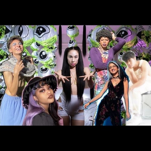 Against a colorful background with peacock feathers, a photo collage of all the members of They Watch You Thive, a 2021 Live Arts Boston grantee.