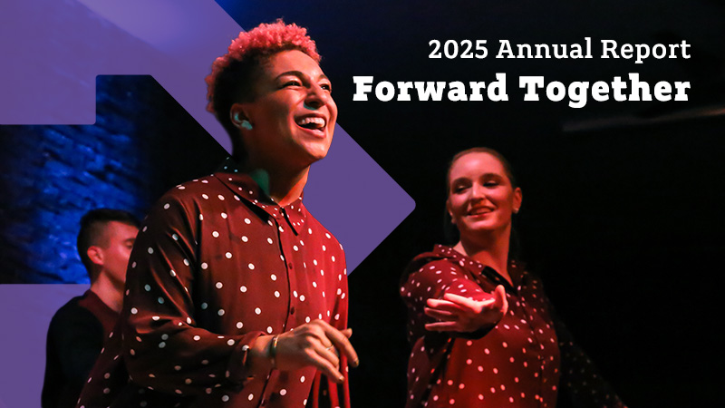 Text: 2025 Annual Report, Forward Together. The Boston Foundation logo with arrow icon. Photo: a group of dancers performs onstage with a close up of one dancer with a huge smile.