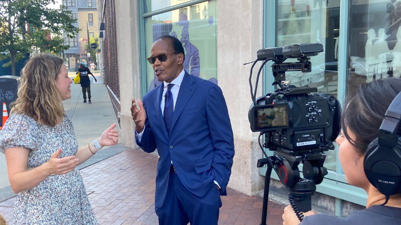 Behind the scenes photo of Lee Pelton being interviewed for The Boston Globe's Bold Types in Nubian Square July 2025