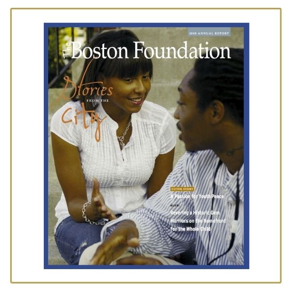 A woman sits facing a man, smiling. They appear to be having a conversation, and are pictured from the waist up. She is wearing a white t shirt, he is wearing a light blue long-sleeved shirt. White serifed text at the top reads "Boston Foundation." Orange text below that and to the right, in a more handwritten font reads "Stories from the City."