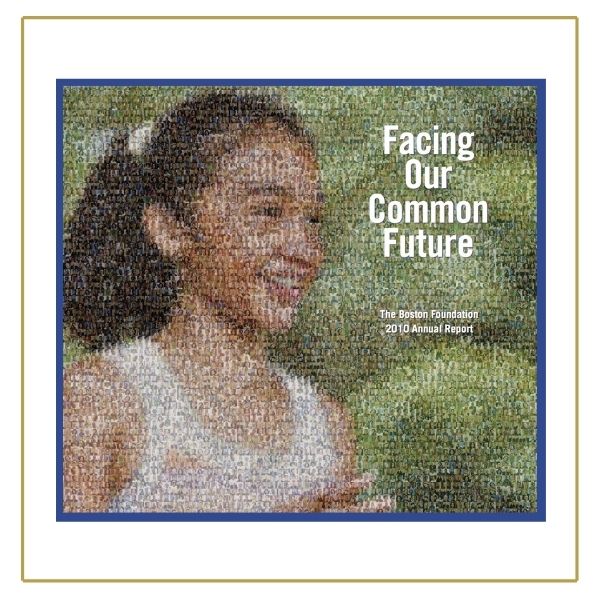 An image of a young girl wearing a white tank top with her dark hair in a pony tail. She's smiling, and facing towards the right. The background is green with shrubbery or trees. White text the right of her face says "Facing Our Common Future." Smaller white text below that says "The Boston Foundation 2010 Annual Report."