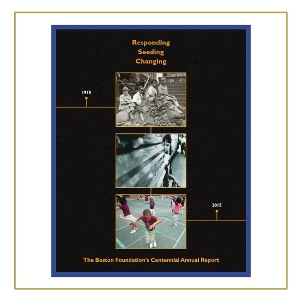 Gold, stacked text at the top of the image on a Black background reads, "Responding Seeding Changing." Three stacked photos below that of, from top to bottom: an old b&w photo of a Black family. A b&w photo of a White child peaking out from behind a wall. A color photo of young Black children in maroon & tan school uniforms playing with hoola hoops on a playground.