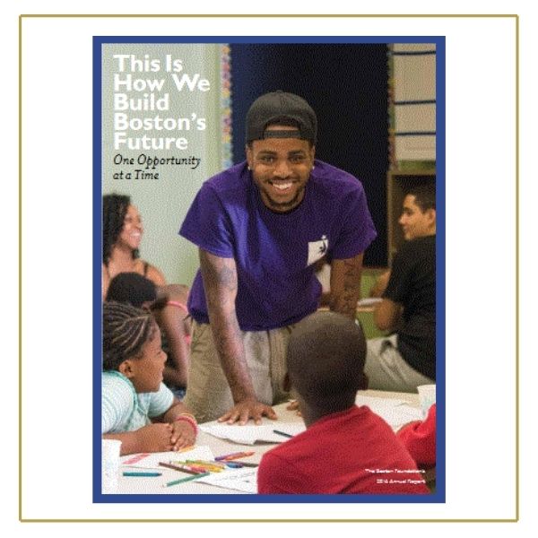 A photo of a man standing a table of young children. He's smiling, wearing a purple shirt and a backwards black baseball hat. White text in the tope left reads "This is how we build Boston's future." Black text below that is "One opportunity at a time."