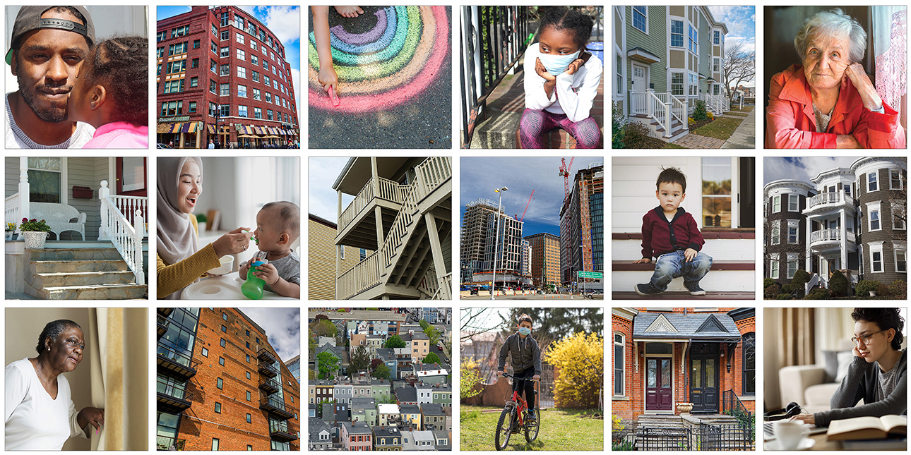 A collage of square photos. The photos are of racially diverse individuals and different types of housing.