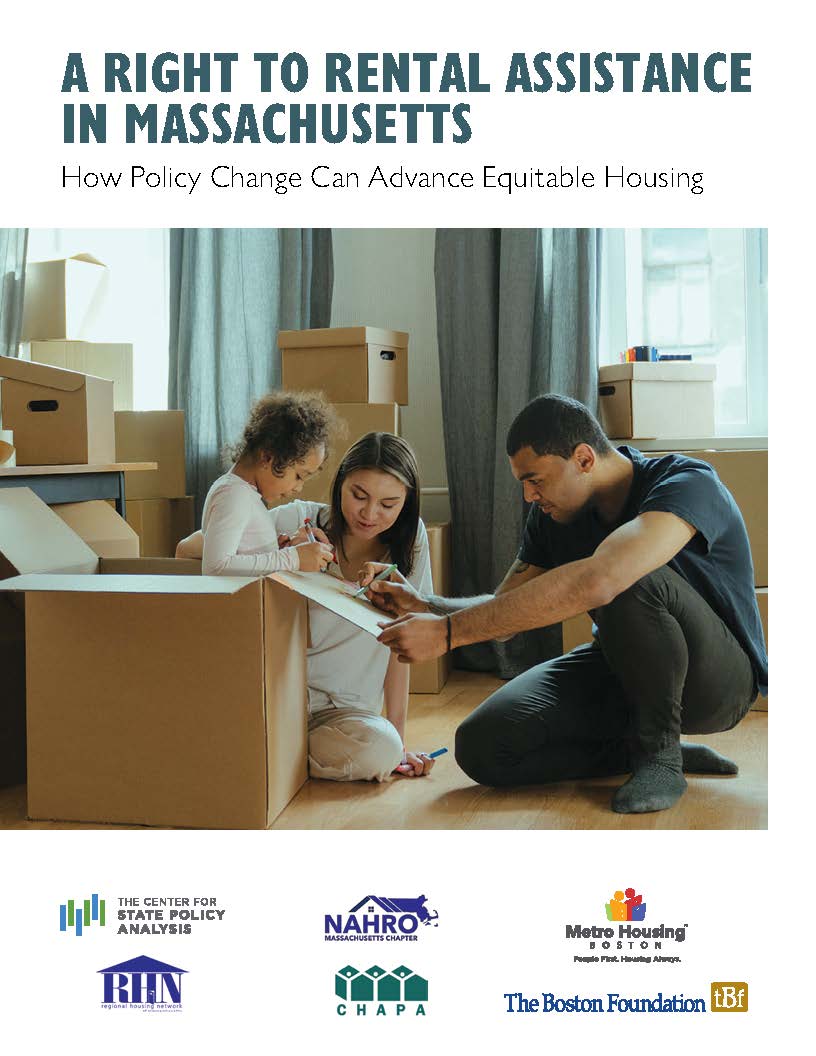 A cover of a report titled 'A Right to Rental Assistance in Massachusetts." A photo of a family in a home surrounded by boxes. Partner logos.