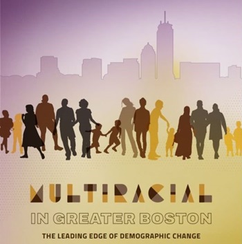 Multiracial in Greater Boston report cover. The Boston skyline in the background with black, brown, yellow and gray silhouettes of people in front of it. The report title is below that.