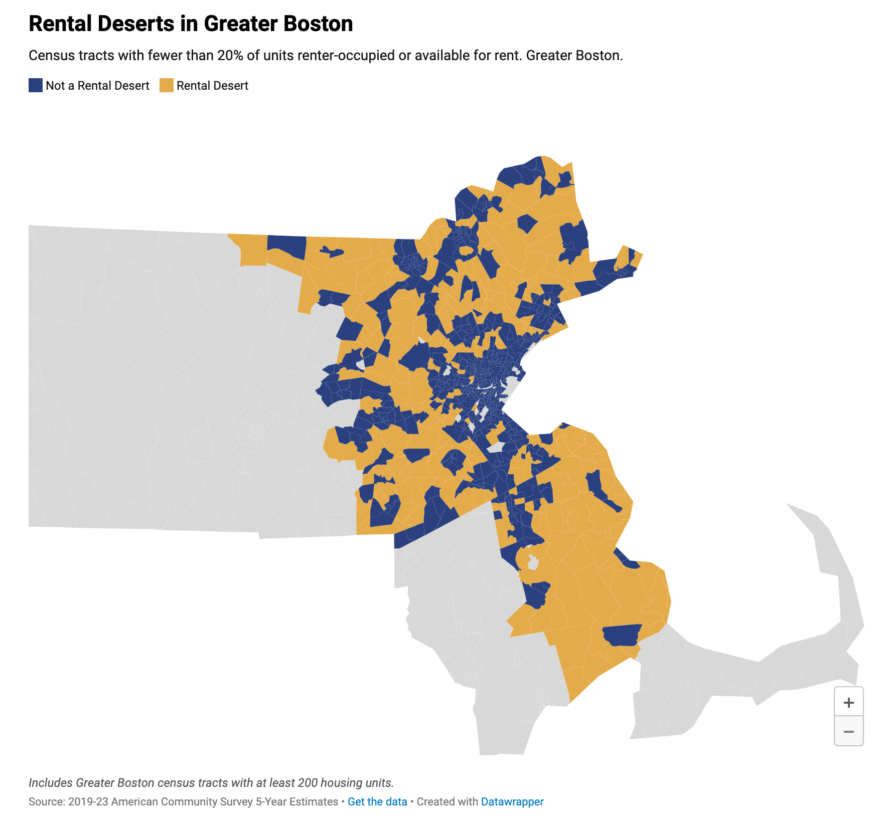 A map of Eastern Mass., showing communities considered rental deserts
