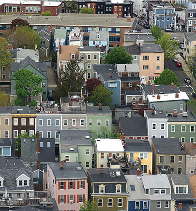 Aerial shot of a densely housed neighborhood in Charlestown