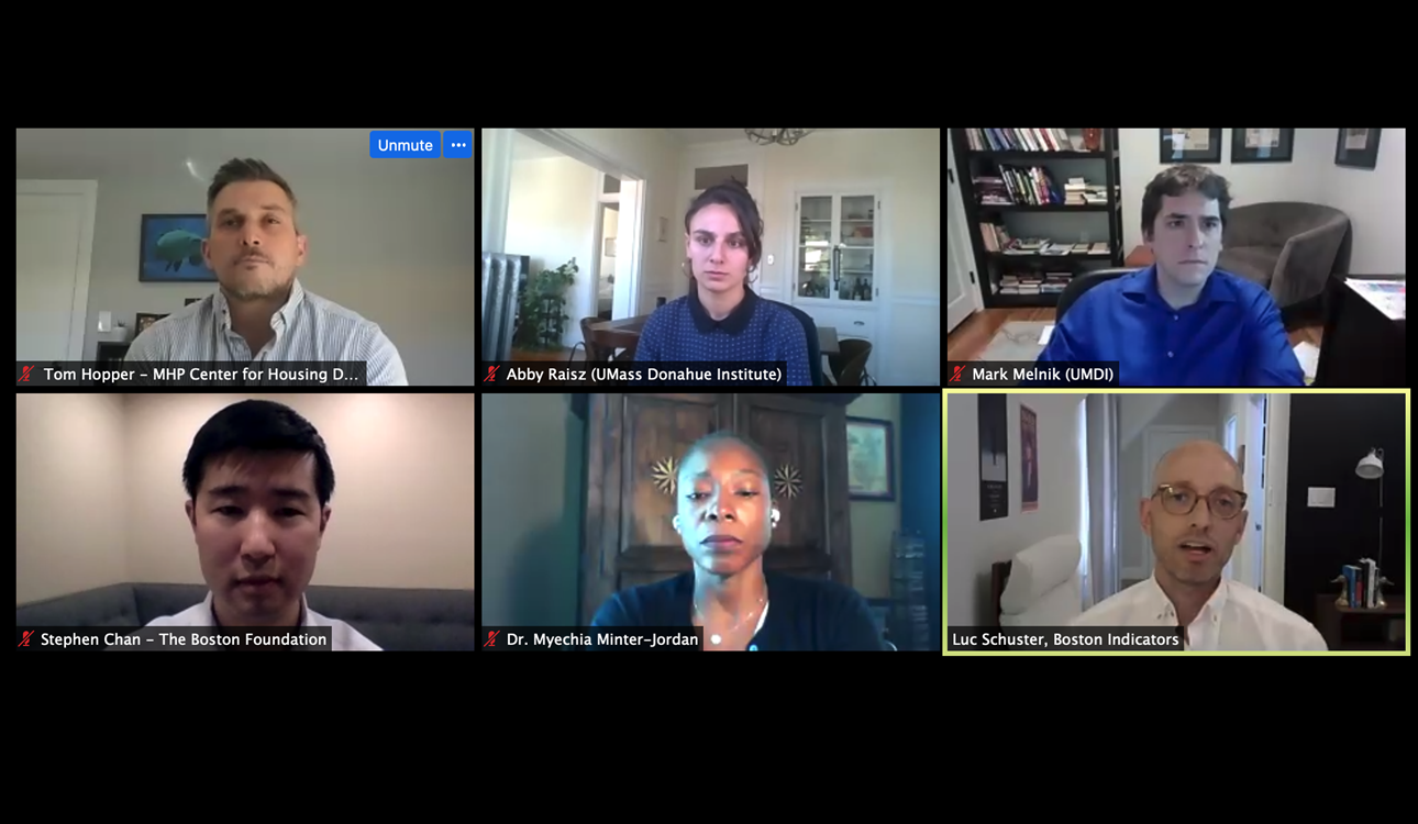 COVID Data Lab webinar screenshot featuring all speakers in two rows of three.