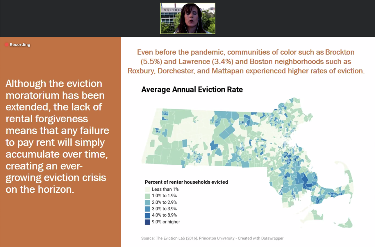 A screenshot of a PowerPoint slide showing eviction rates in Massachusetts via a color-coded map of the Commonwealth. Researcher Alicia Sasser Modestino's video is at the top of the image.