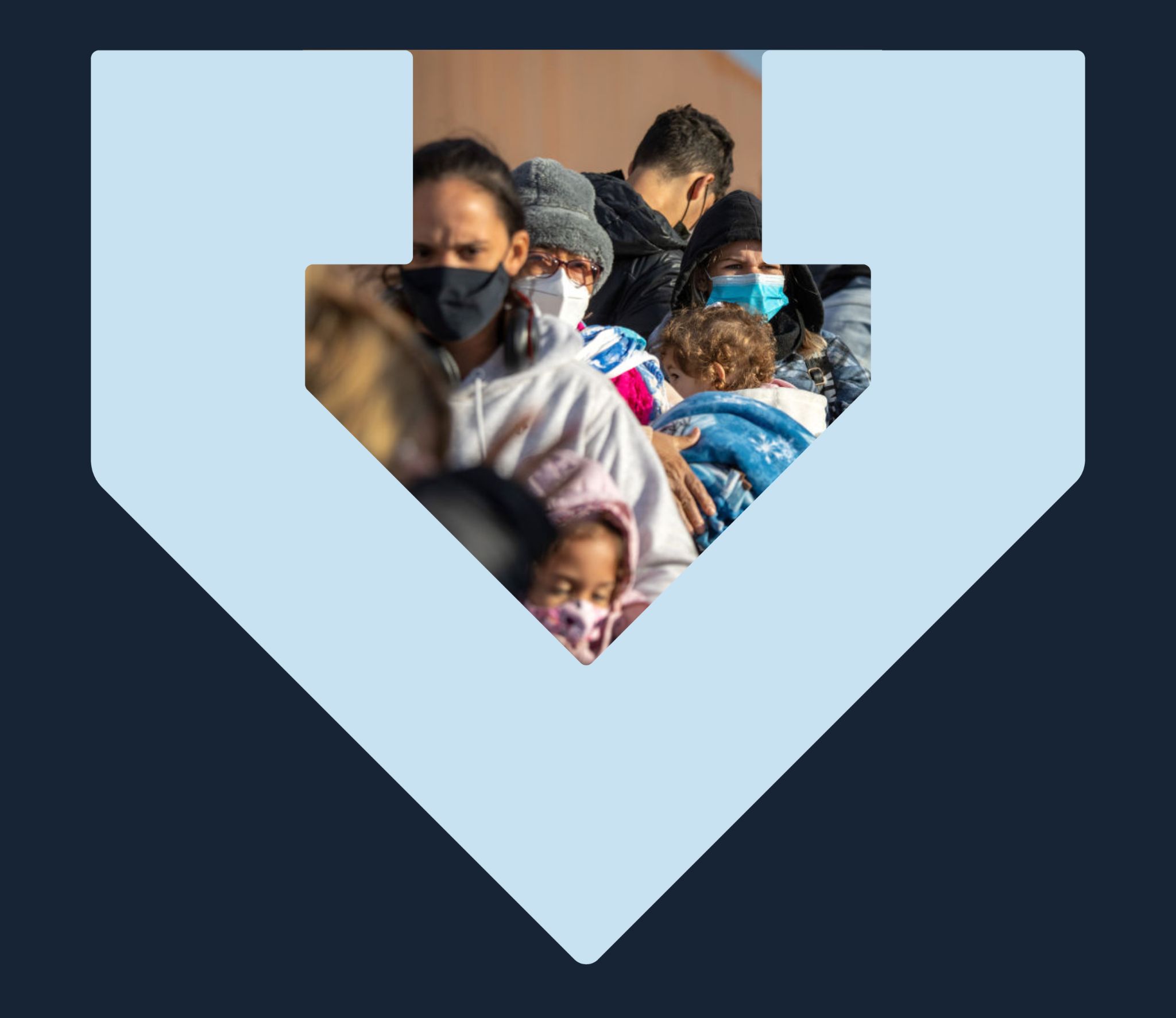 A group of people stand outside waiting in a line, the photo is framed by the light blue TBF arrow