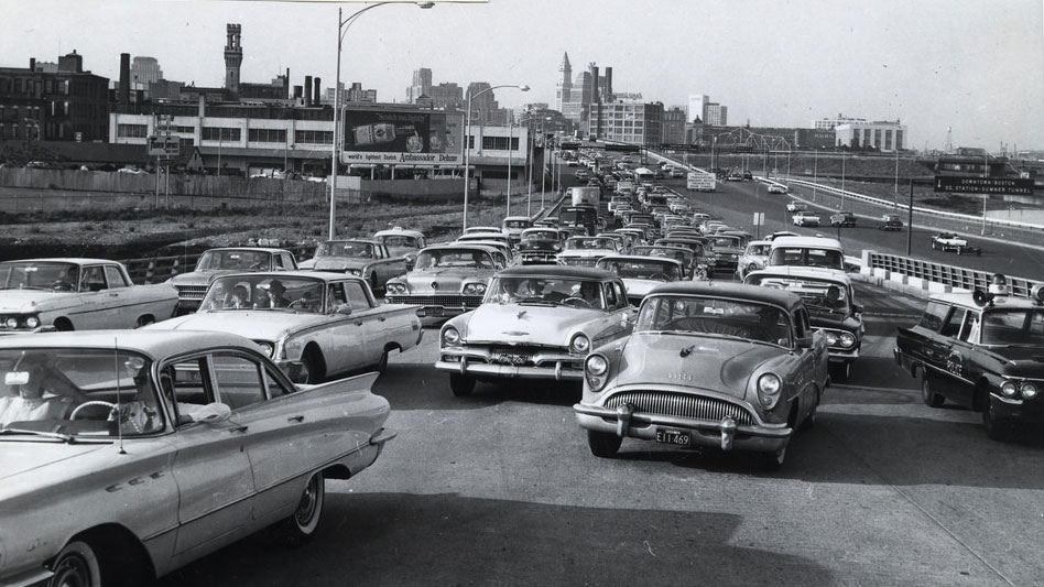 traffic jam and detour on Boston's Southeast Expressway 1961