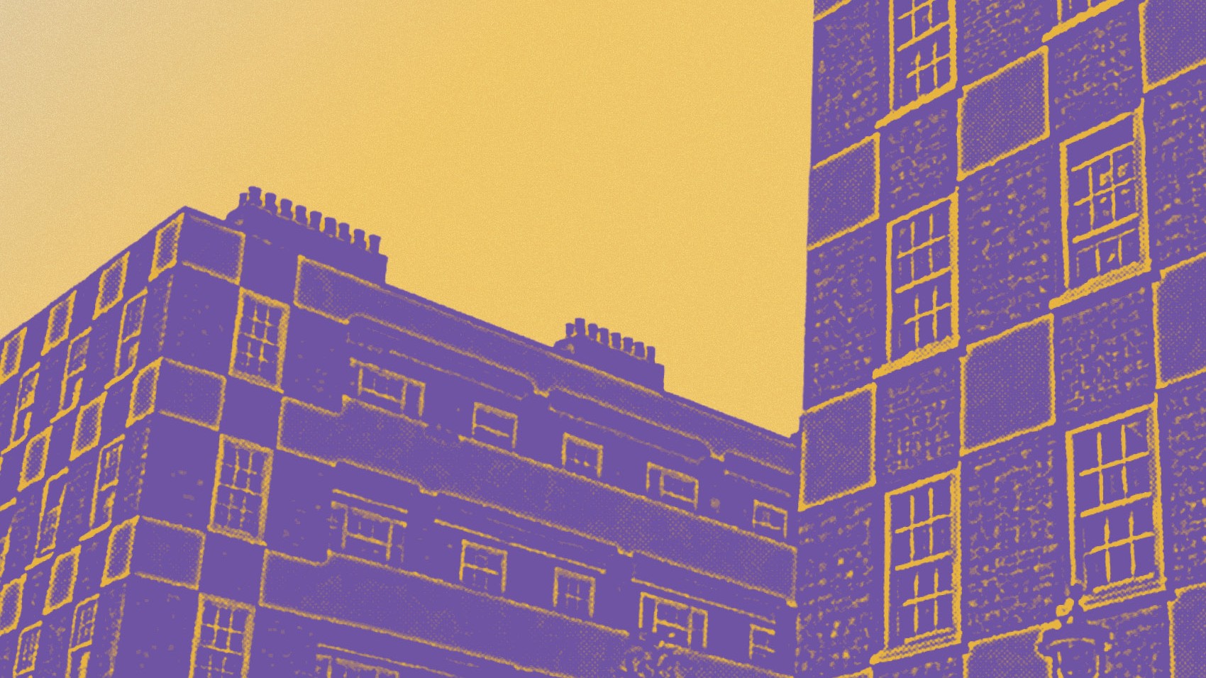 Sketch of purple buildings over a yellow background