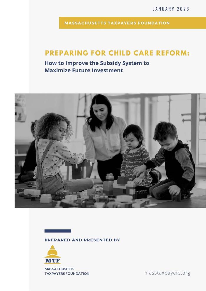 January 2023 Massachusetts Taxpayers Foundation. Preparing for Child care Reform: How to Improve the Subsidy System to Maximize Future Investment. A black and white photo of a woman playing with a group of kids.