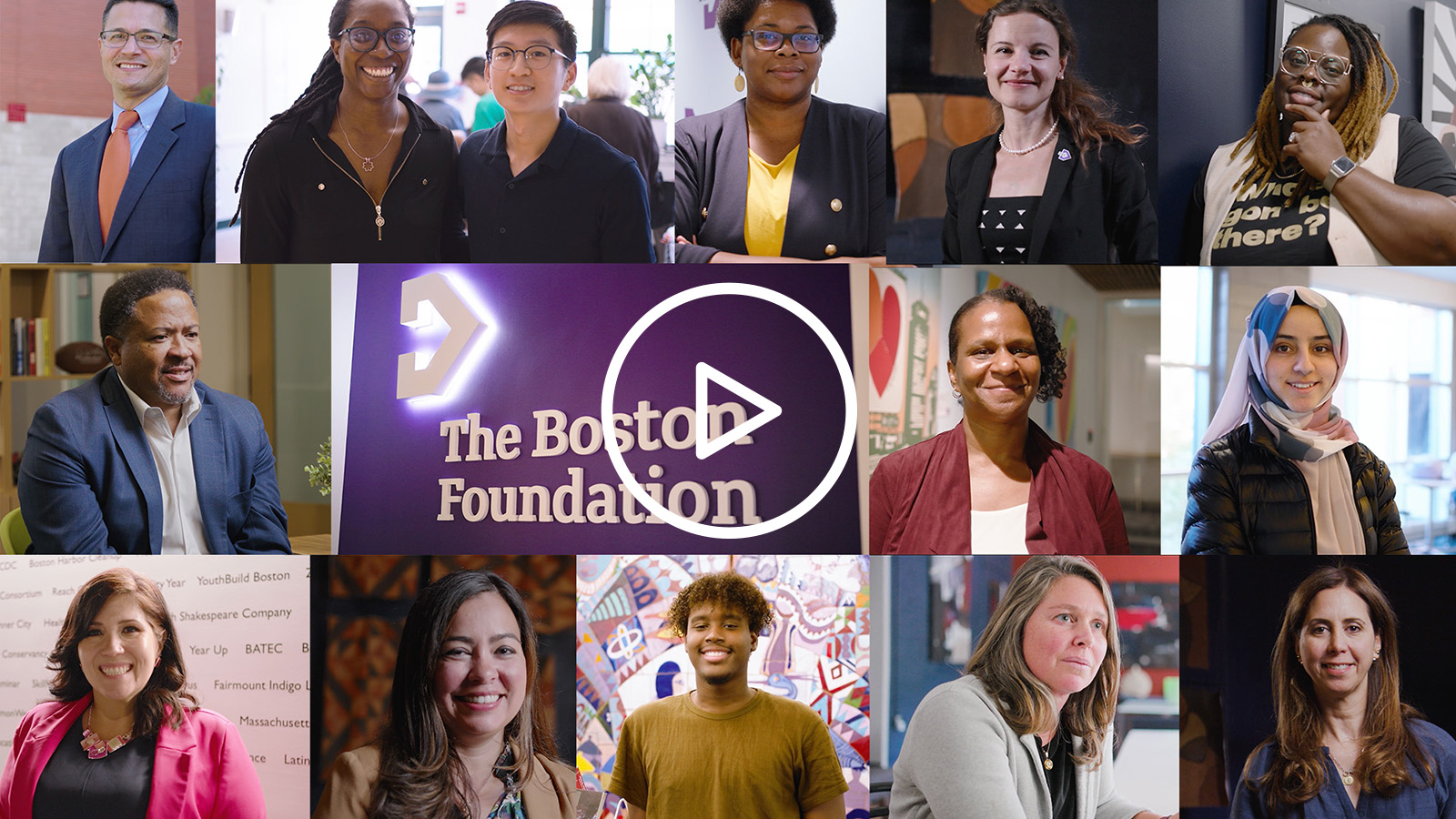 Collage of still photos from How We Work video with play