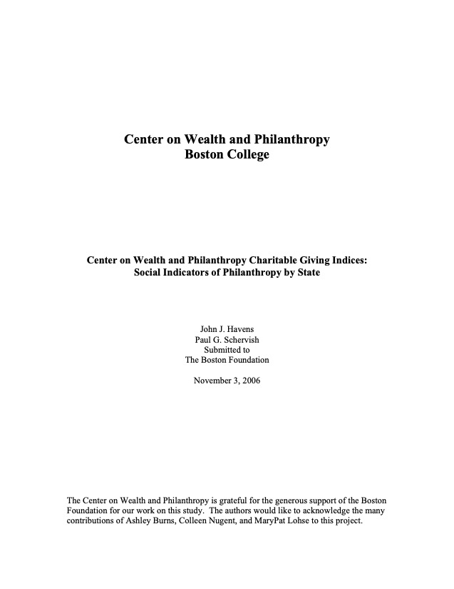 Center on Wealth and Philanthropy Charitable Giving Indices: Social Indicators of Philanthropy by State