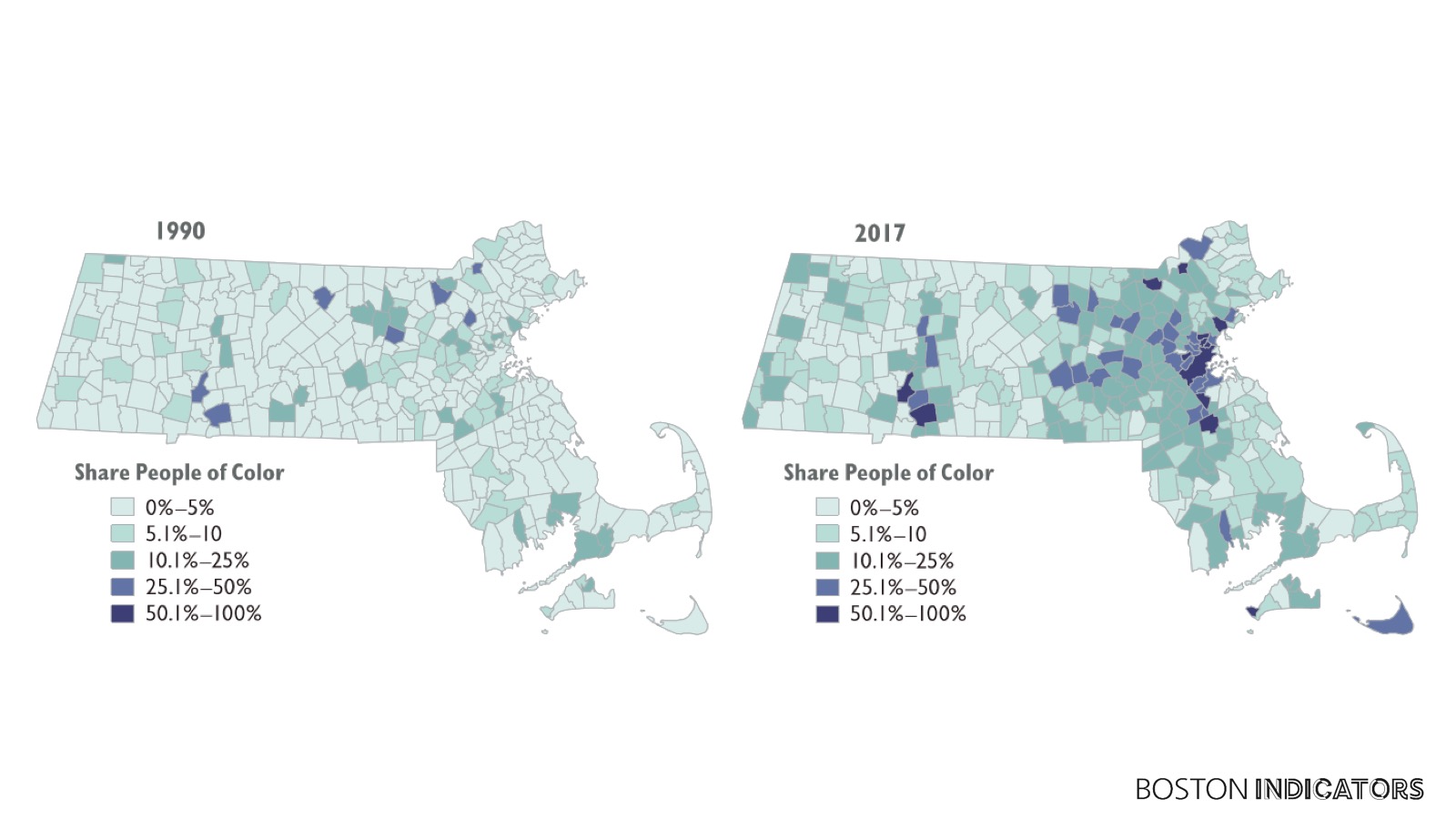 Maps of nonwhite population in MA 1990 and 2017
